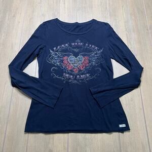 Vintage Jake's Rhinestone Love Ribbed Grey Long Sleeve Women Sz Large Y2K  2000s